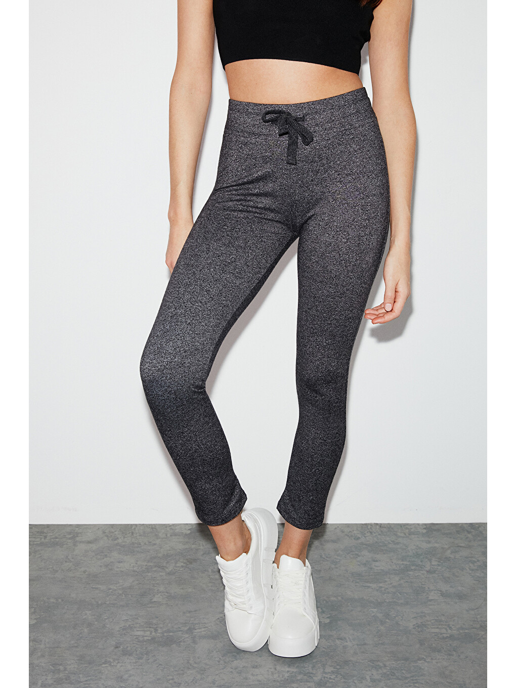 Judy Kadın Slim Fit Beli Lastikli Bağlamalı Basic Antrasit Tayt-1
