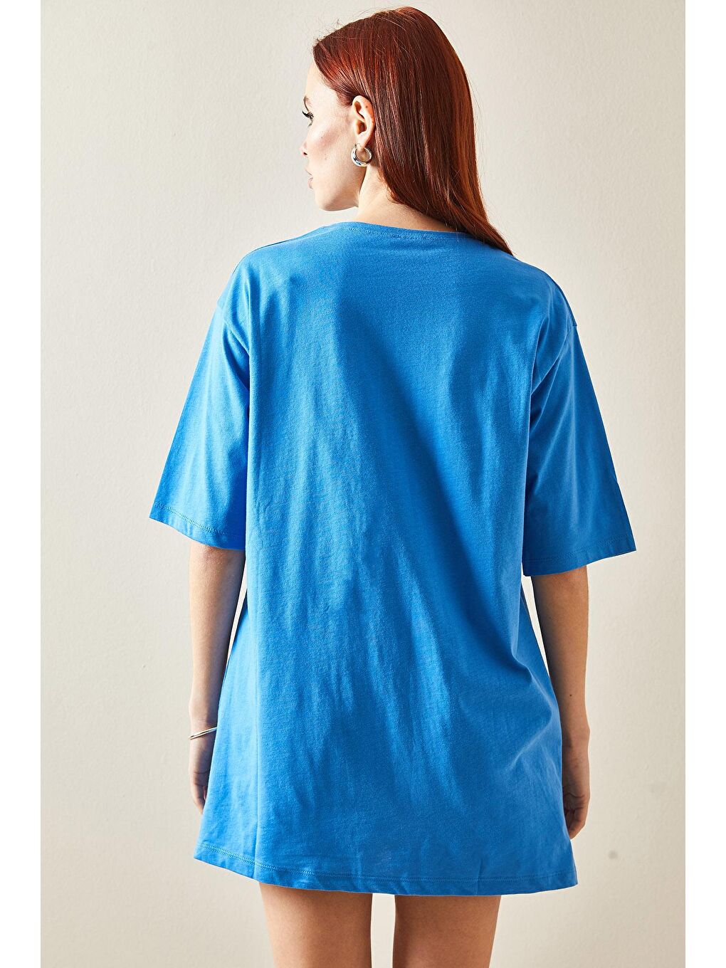 XHAN Mavi Bisiklet Yaka Yazılı Oversize T-Shirt 5YXK1-48208-12 - 2