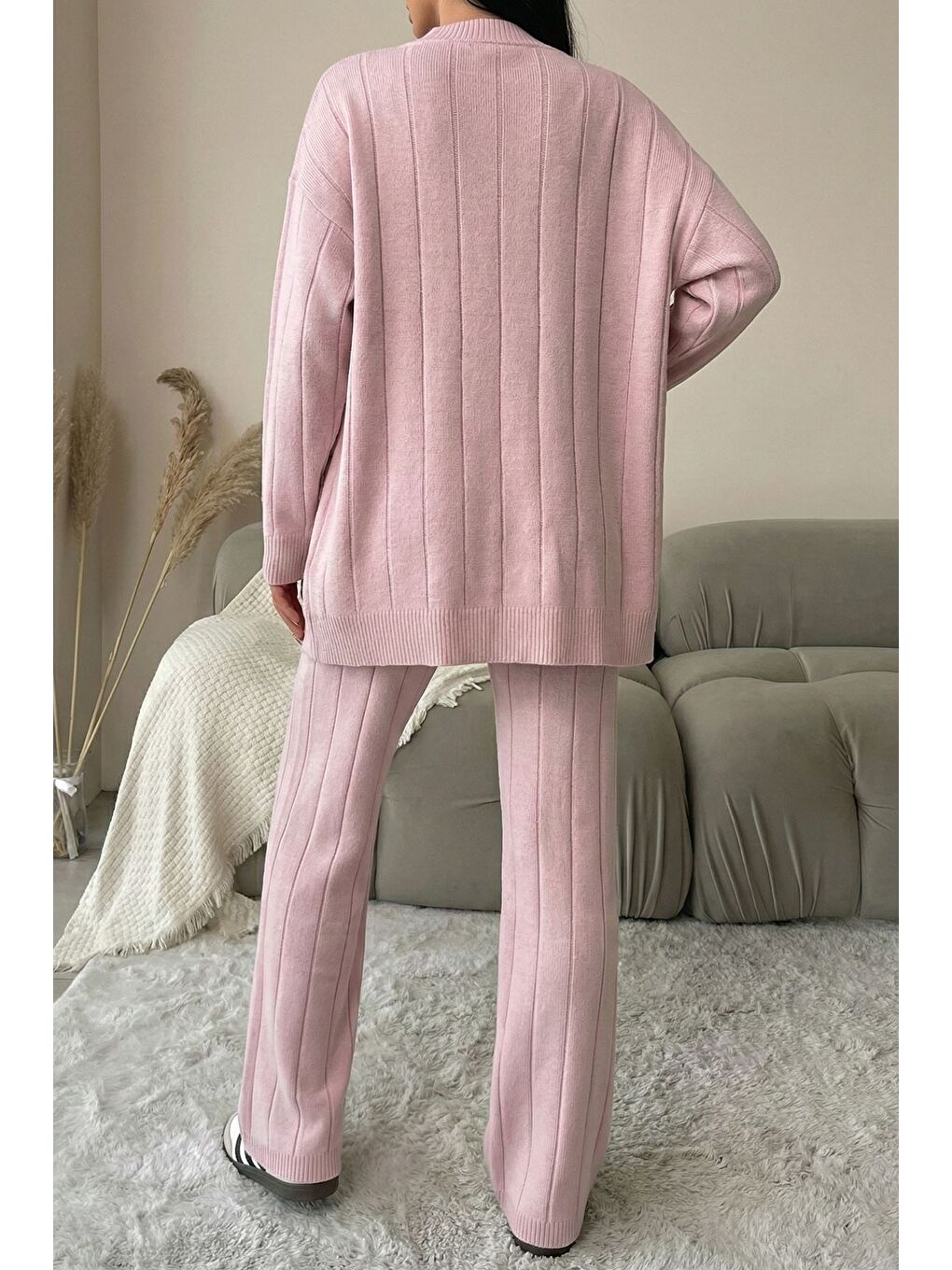 Pembe Kadın Ön Düğmeli Kendinden Çizgi Desenli Triko Hırka Pantolon İkili Takım-4