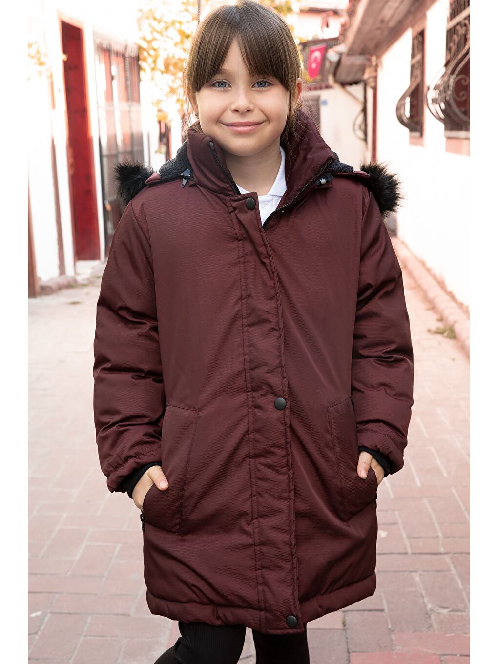 Bordo Kürklü İçi Astarlı Çıkarılabilir Kapüşonlu Kız Çocuk Mont 21550-3