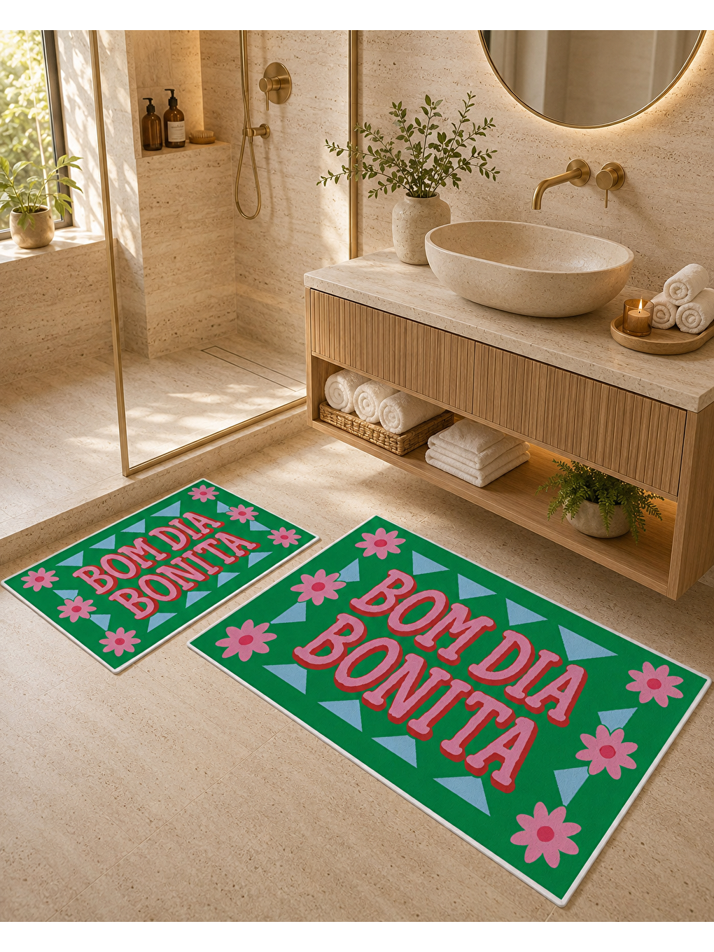 Yeşil Pembe Bon Dia Bonita Yazılı Banyo Paspası Dot Taban Üstü Kadife-4