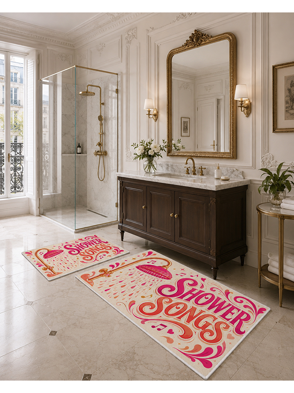 Pembe Retro Yazılı Duş Temalı Banyo Paspası Dot Taban Üstü Kadife-4