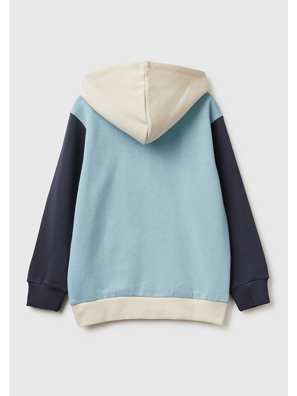 Erkek Çocuk Mavi-Krem Önü Logo Baskılı Cepli Nervürlü Kapüşonlu Sweatshirt-1