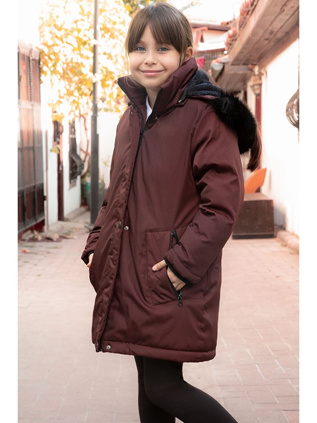 Bordo Kürklü İçi Astarlı Çıkarılabilir Kapüşonlu Kız Çocuk Mont 21550-4