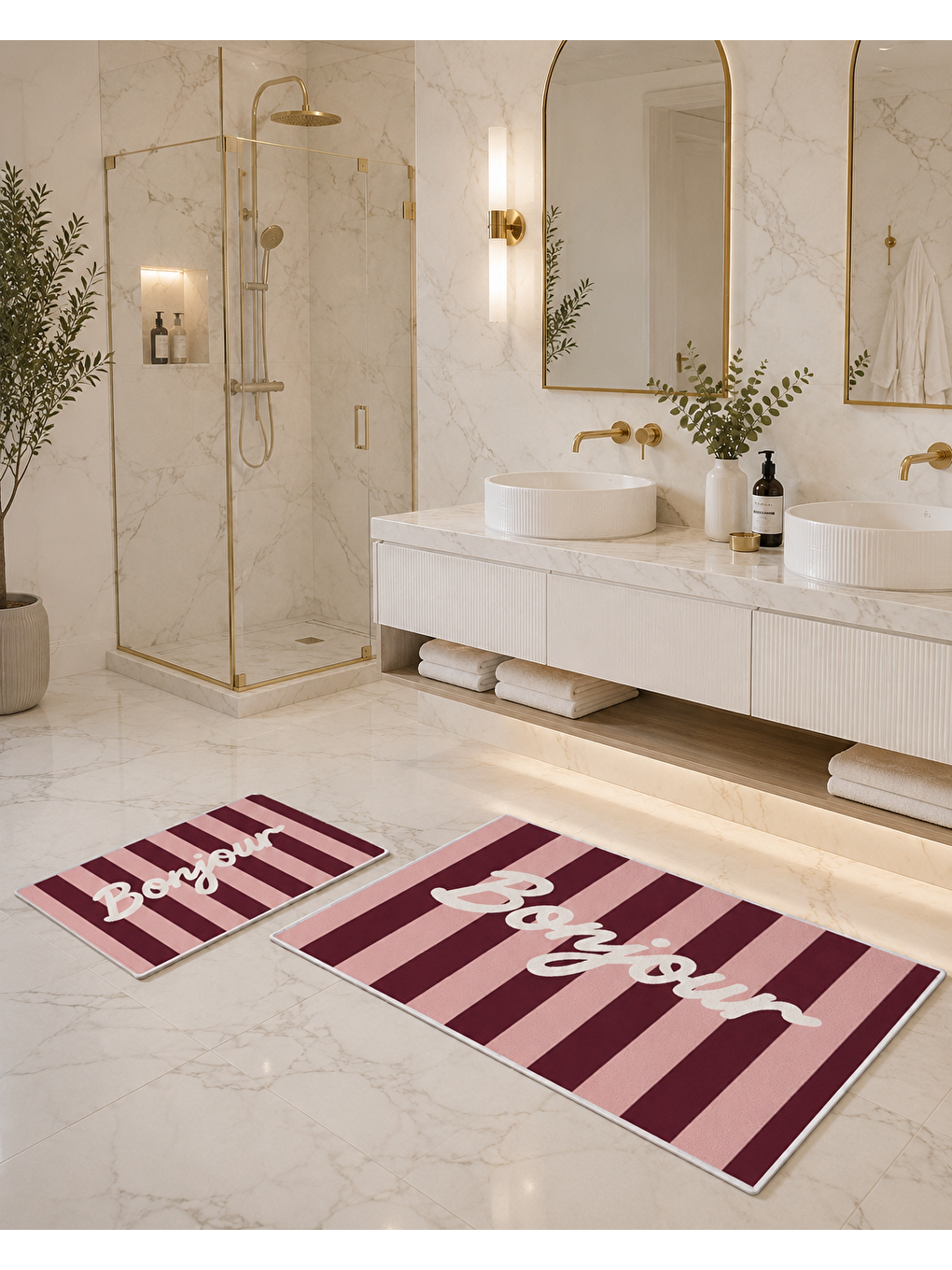Bordo Çizgili Bonjour Yazılı Banyo Paspası Dot Taban Üstü Kadife-4