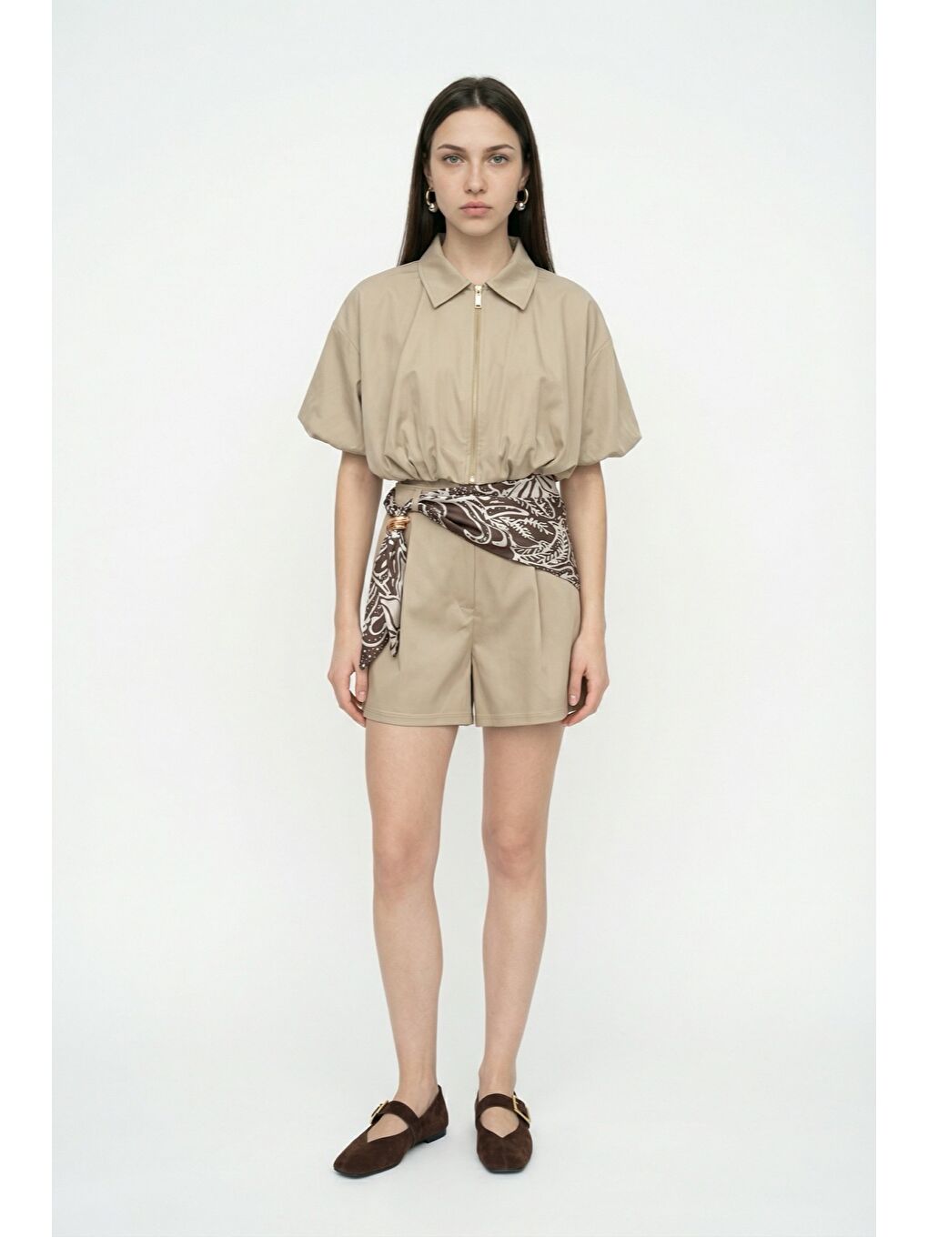 Fermuarlı Balon Kesim Crop Ceket Bej