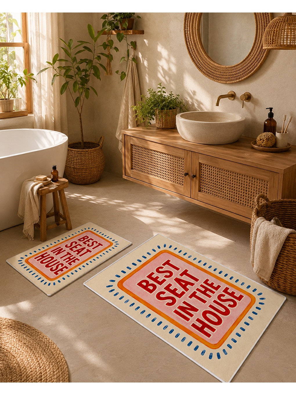 Karışık Renkli Tipografik Desenli Banyo Paspası Dot Taban Üstü Kadife-1