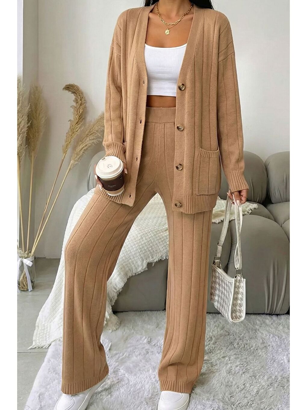 Ekru Kadın Ön Düğmeli Kendinden Çizgi Desenli Triko Hırka Pantolon İkili Takım-2