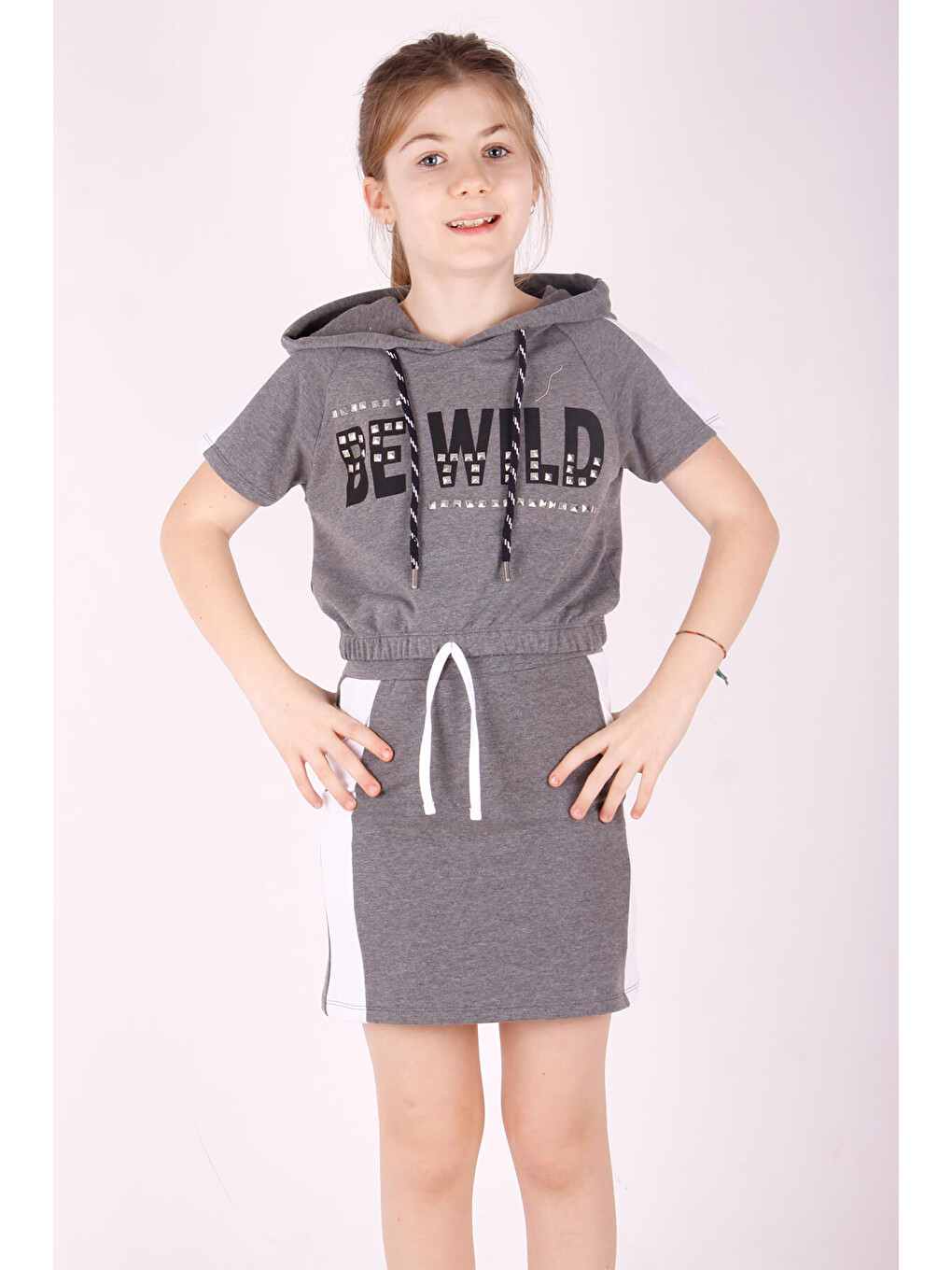 Antrasit Kız Çocuk Kapüşonlu Be Wıld Baskılı Etekli Takım