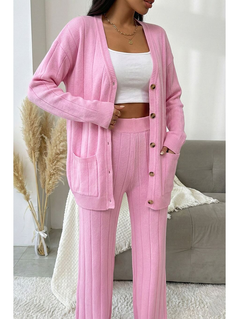 Pembe Kadın Ön Düğmeli Kendinden Çizgi Desenli Triko Hırka Pantolon İkili Takım-2