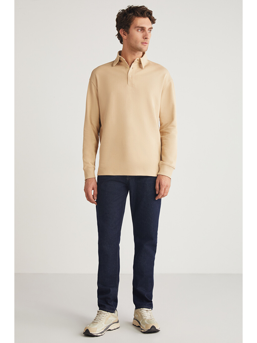 John Erkek Polo Sweat Gömlek Yakalı Organik Pamuklu Yırtmaçlı İçi Polarsız Bej Sweatshirt-1