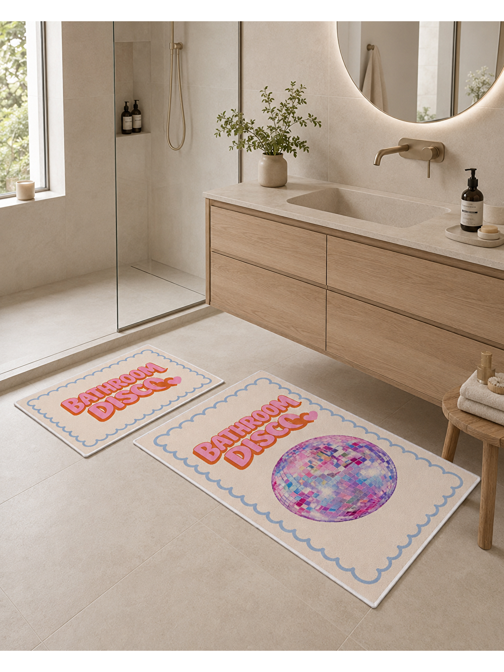 Pembe Pastel Retro Yazılı ve Disko Topu Desenli Banyo Paspası Dot Taban Üstü Kadife-4