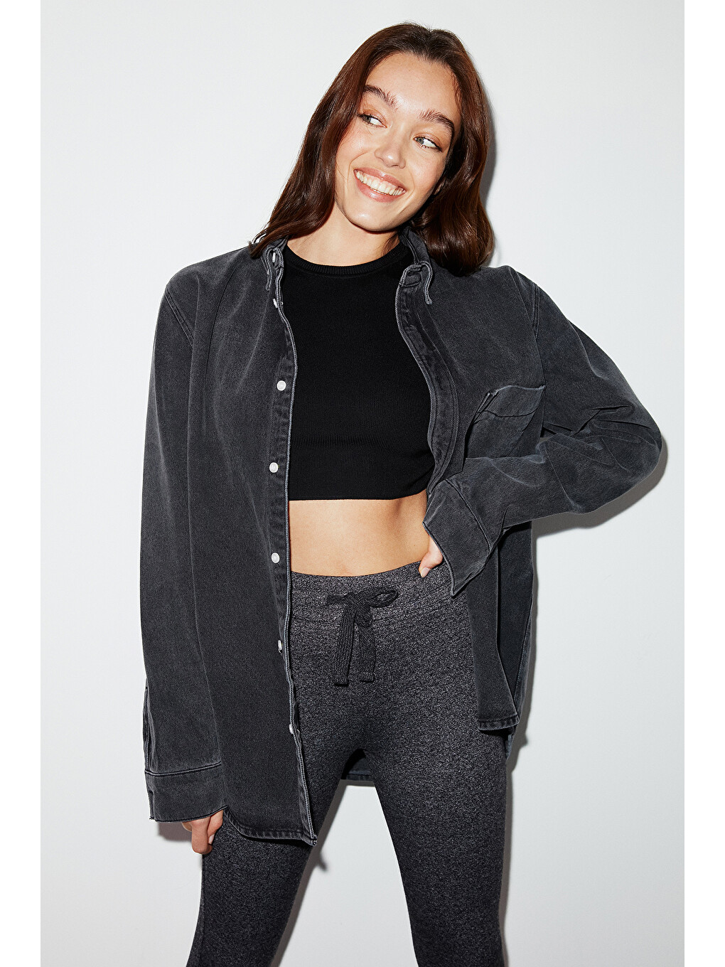 Judy Kadın Slim Fit Beli Lastikli Bağlamalı Basic Antrasit Tayt-2