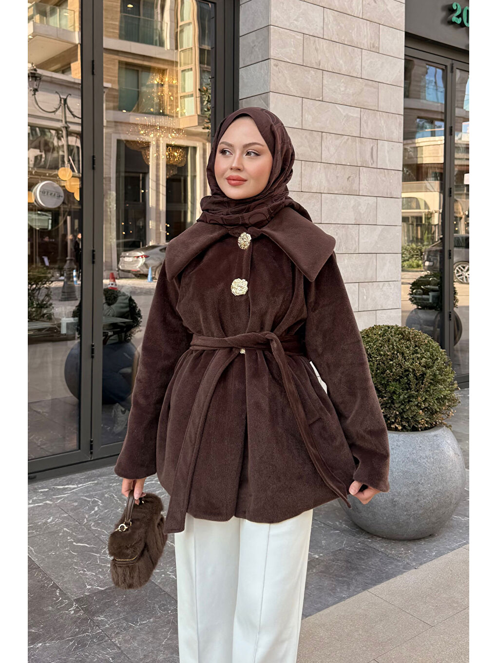 Kadın Kruvaze Yaka Pelüş Ceket Kahverengi