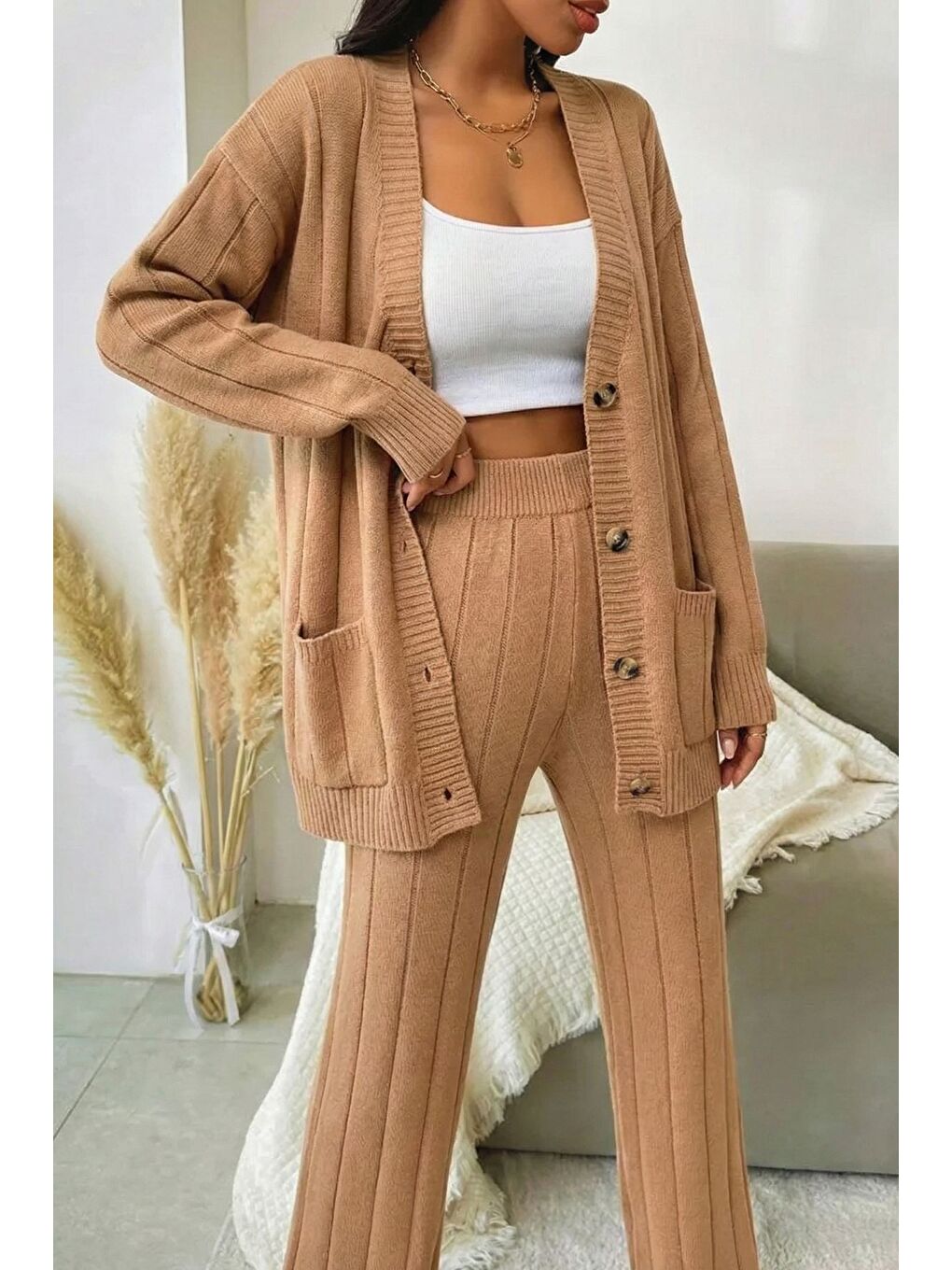 Ekru Kadın Ön Düğmeli Kendinden Çizgi Desenli Triko Hırka Pantolon İkili Takım-3