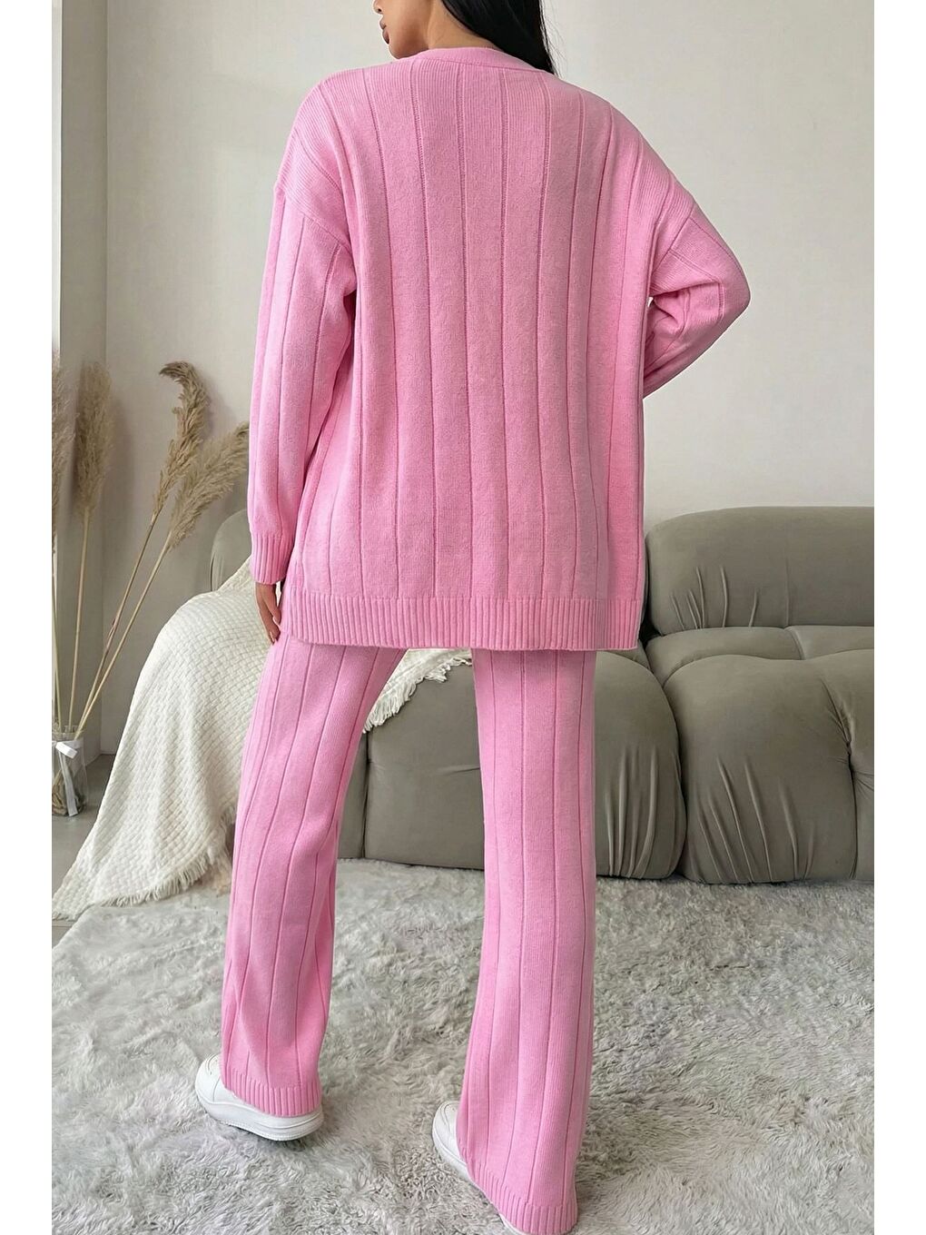 Pembe Kadın Ön Düğmeli Kendinden Çizgi Desenli Triko Hırka Pantolon İkili Takım-3