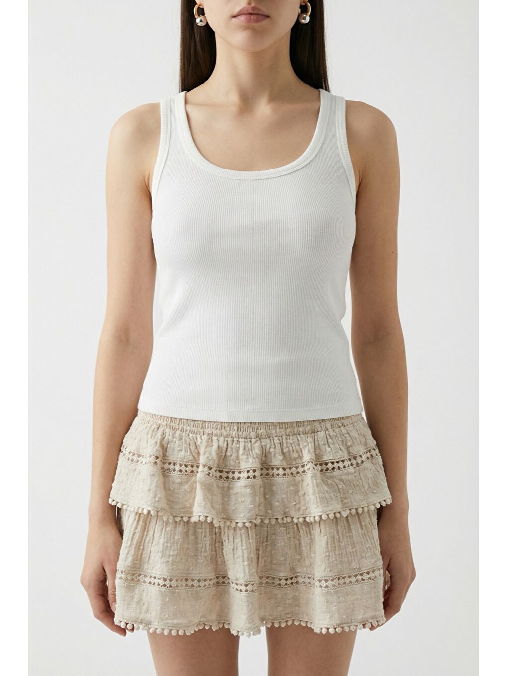 Fitilli Yuvarlak Yaka Basic Atlet Ekru-1