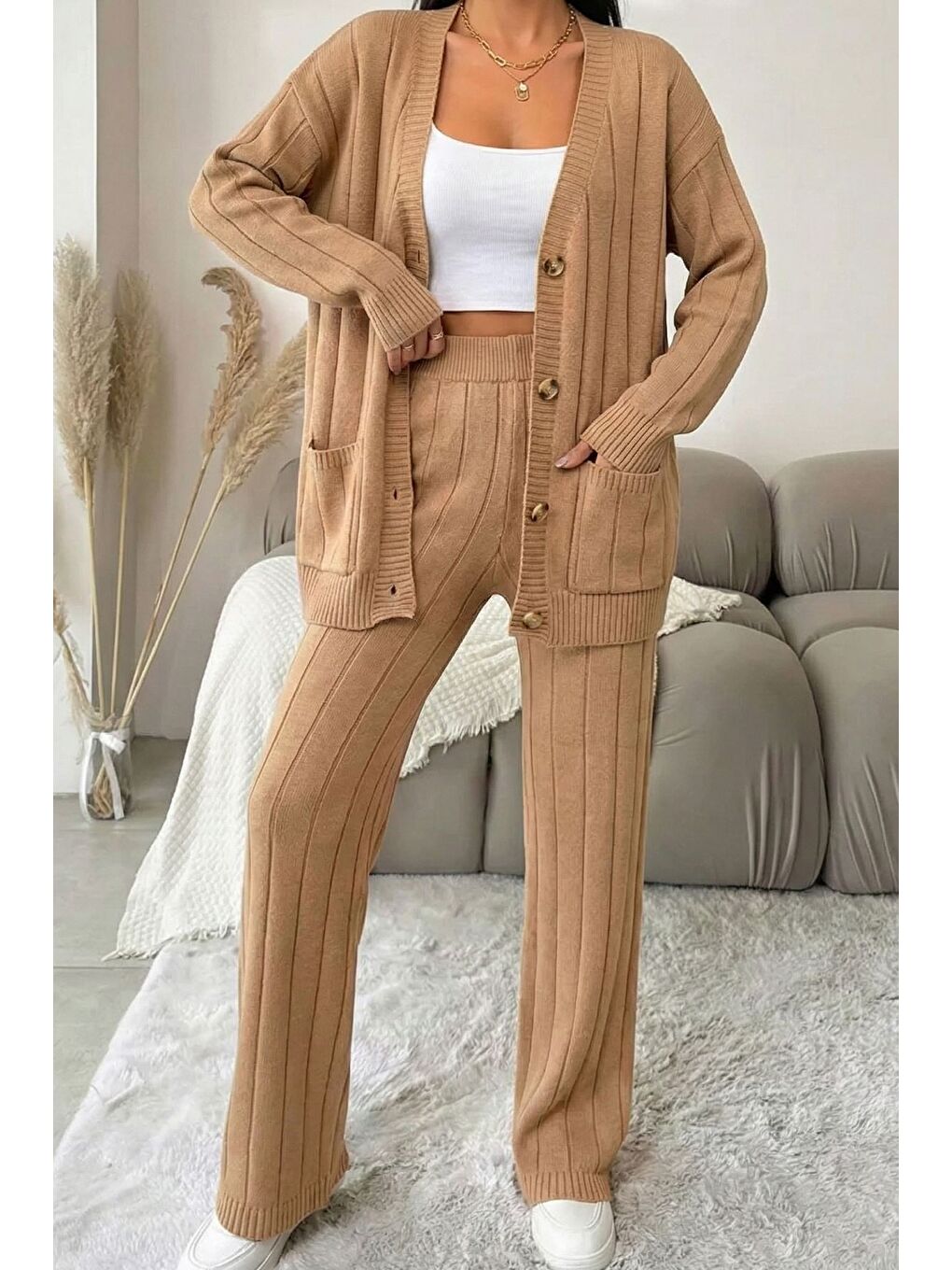 Ekru Kadın Ön Düğmeli Kendinden Çizgi Desenli Triko Hırka Pantolon İkili Takım-4