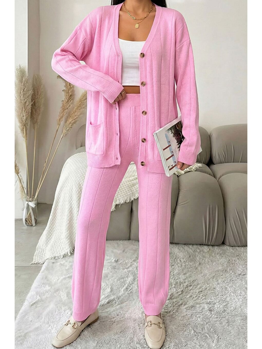 Pembe Kadın Ön Düğmeli Kendinden Çizgi Desenli Triko Hırka Pantolon İkili Takım-4