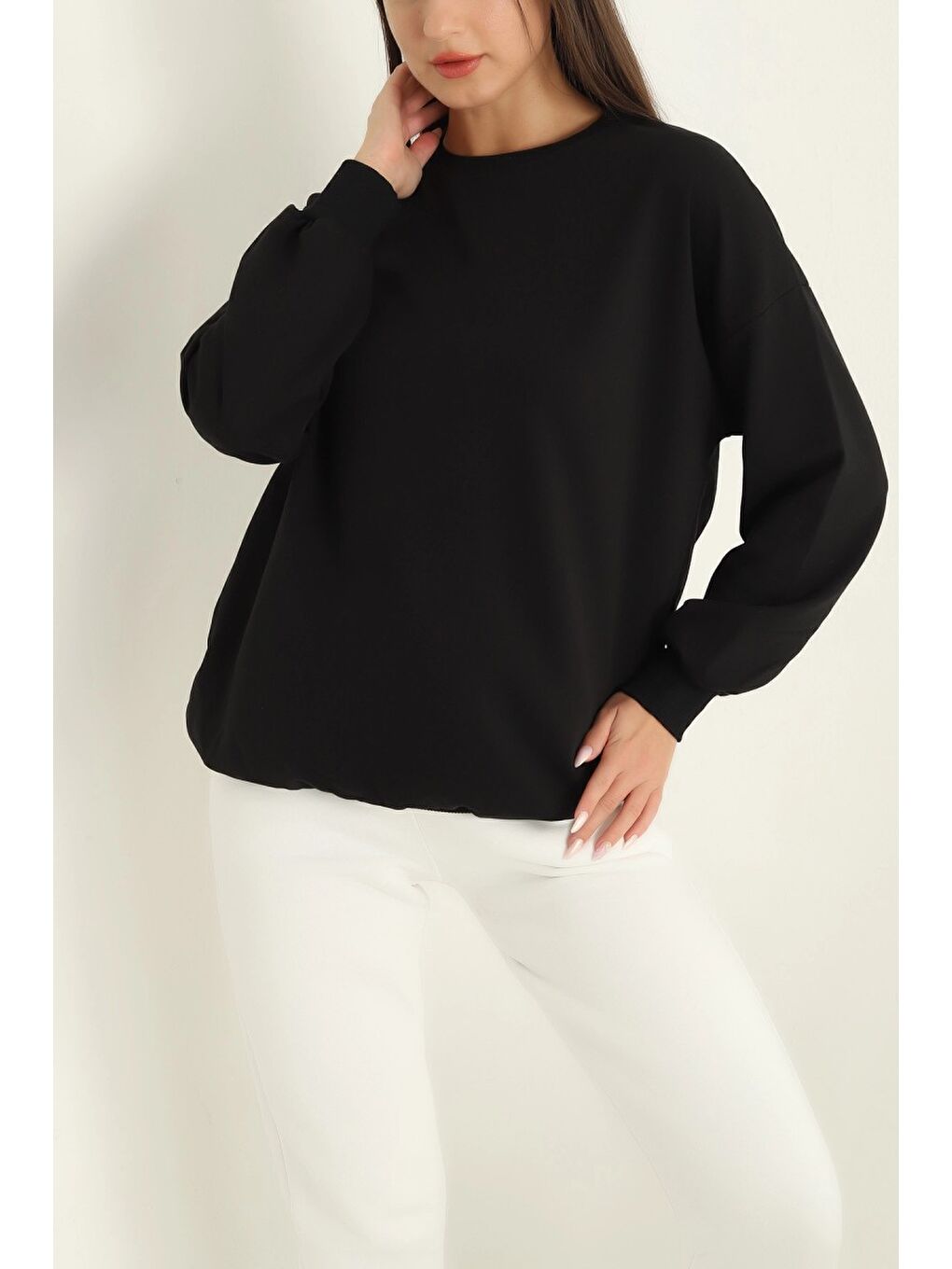 Kadın Bisiklet Yaka Oversize Sweatshirt Siyah - 26567