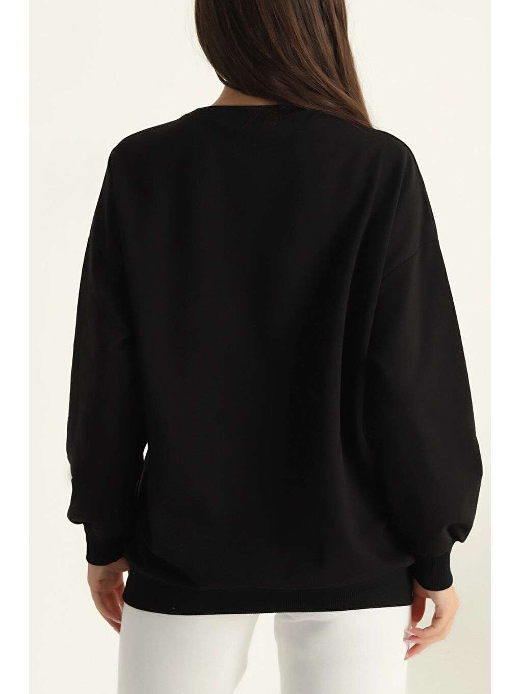 Kadın Bisiklet Yaka Oversize Sweatshirt Siyah - 26567-1