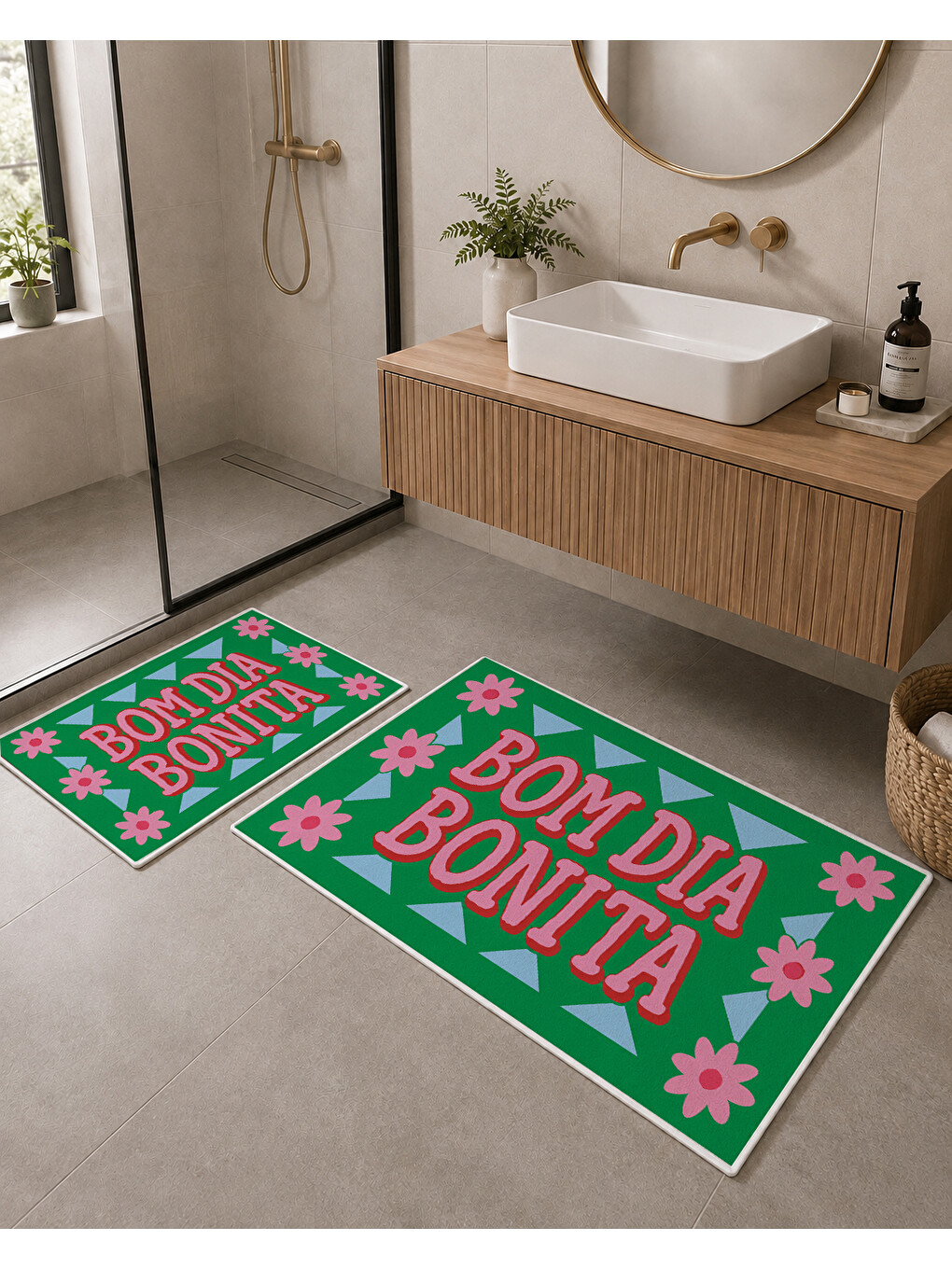 Yeşil Pembe Bon Dia Bonita Yazılı Banyo Paspası Dot Taban Üstü Kadife-5