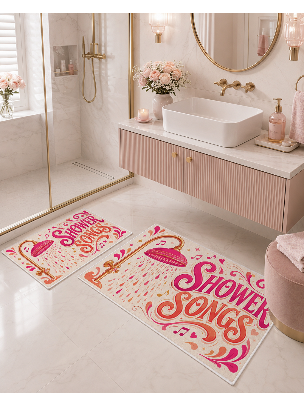 Pembe Retro Yazılı Duş Temalı Banyo Paspası Dot Taban Üstü Kadife-5