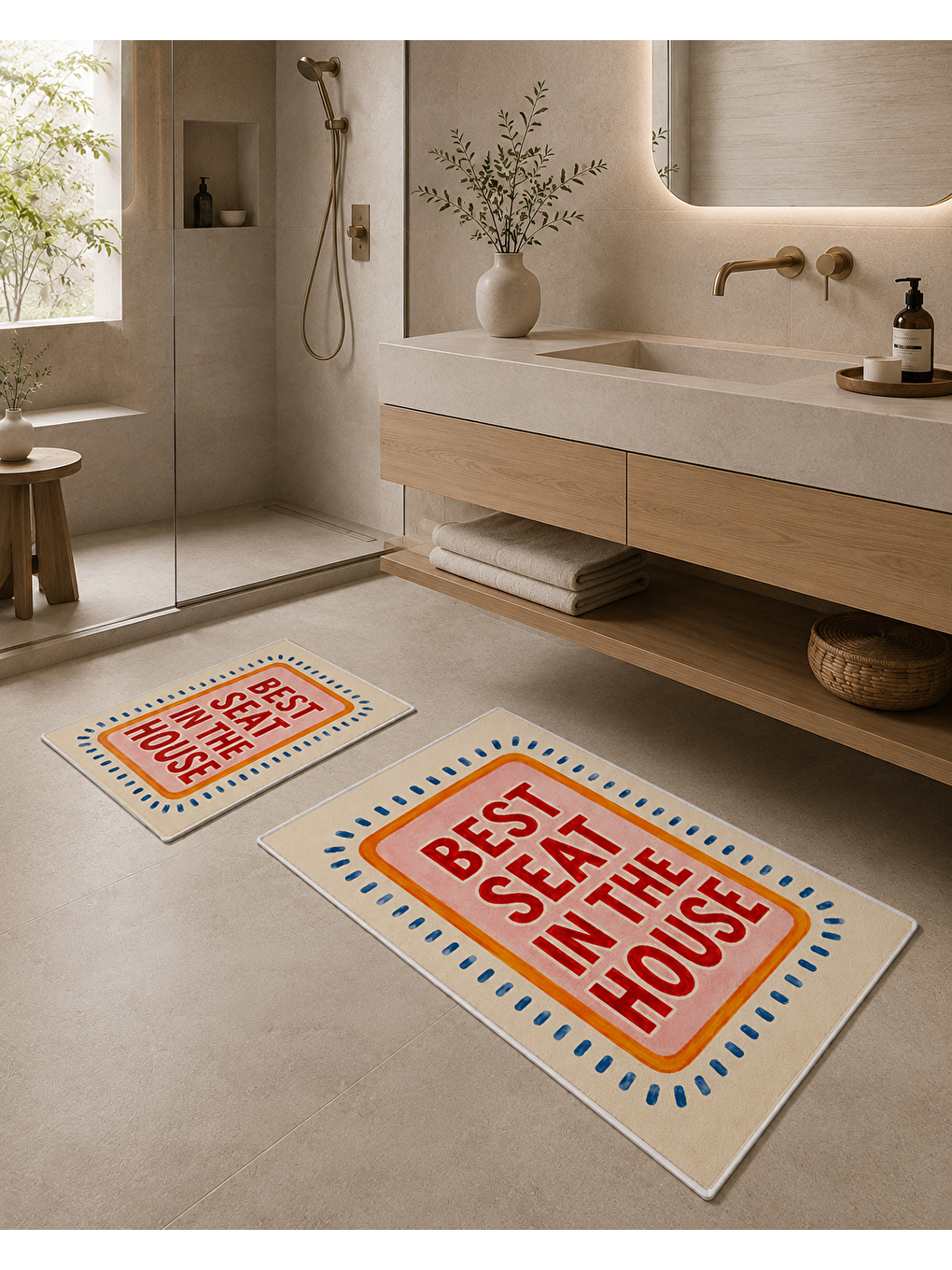 Karışık Renkli Tipografik Desenli Banyo Paspası Dot Taban Üstü Kadife-2