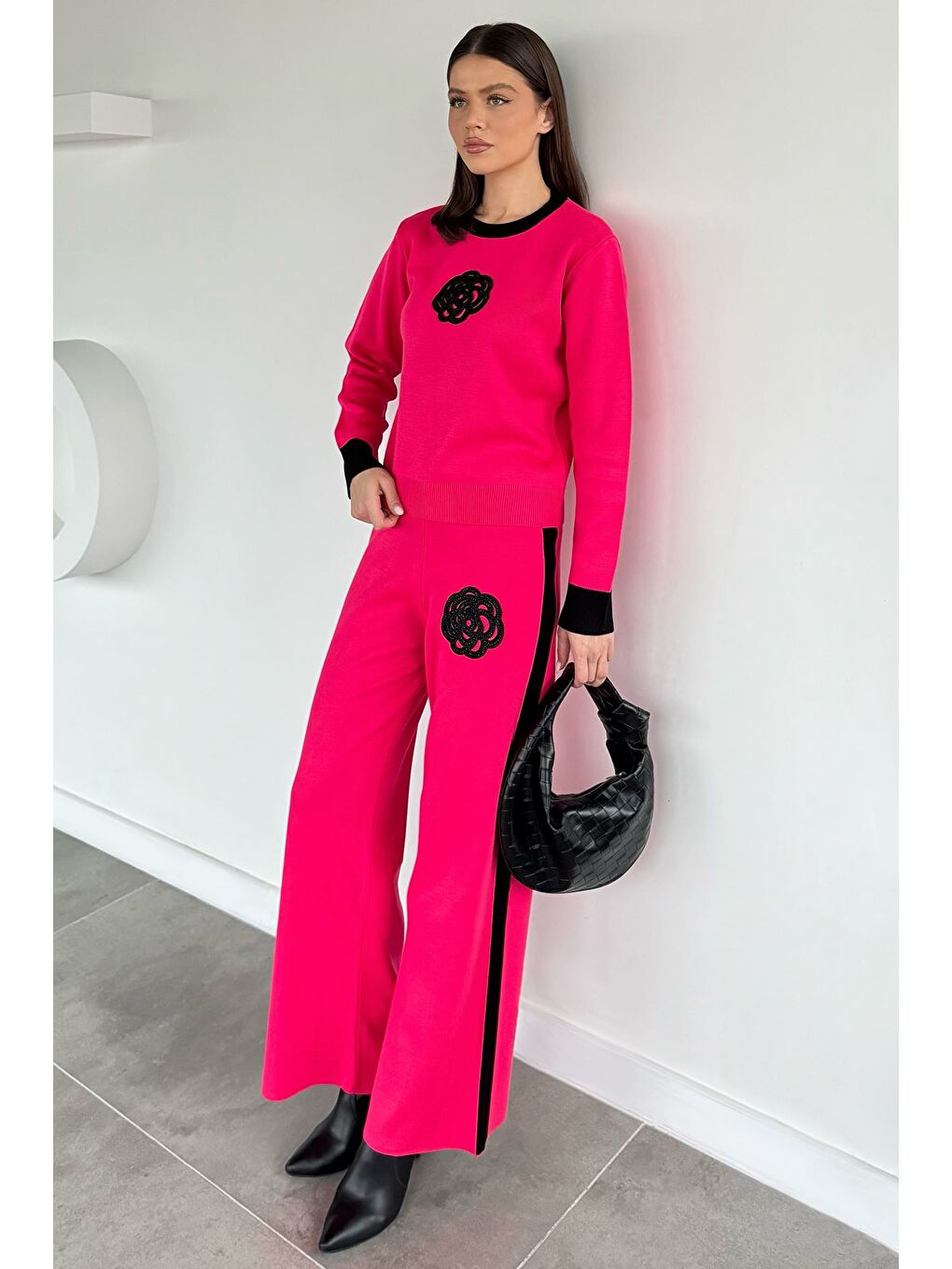 Fuşya Kadın Taş İşlemeli Kazak Pantolon Triko İkili Takım