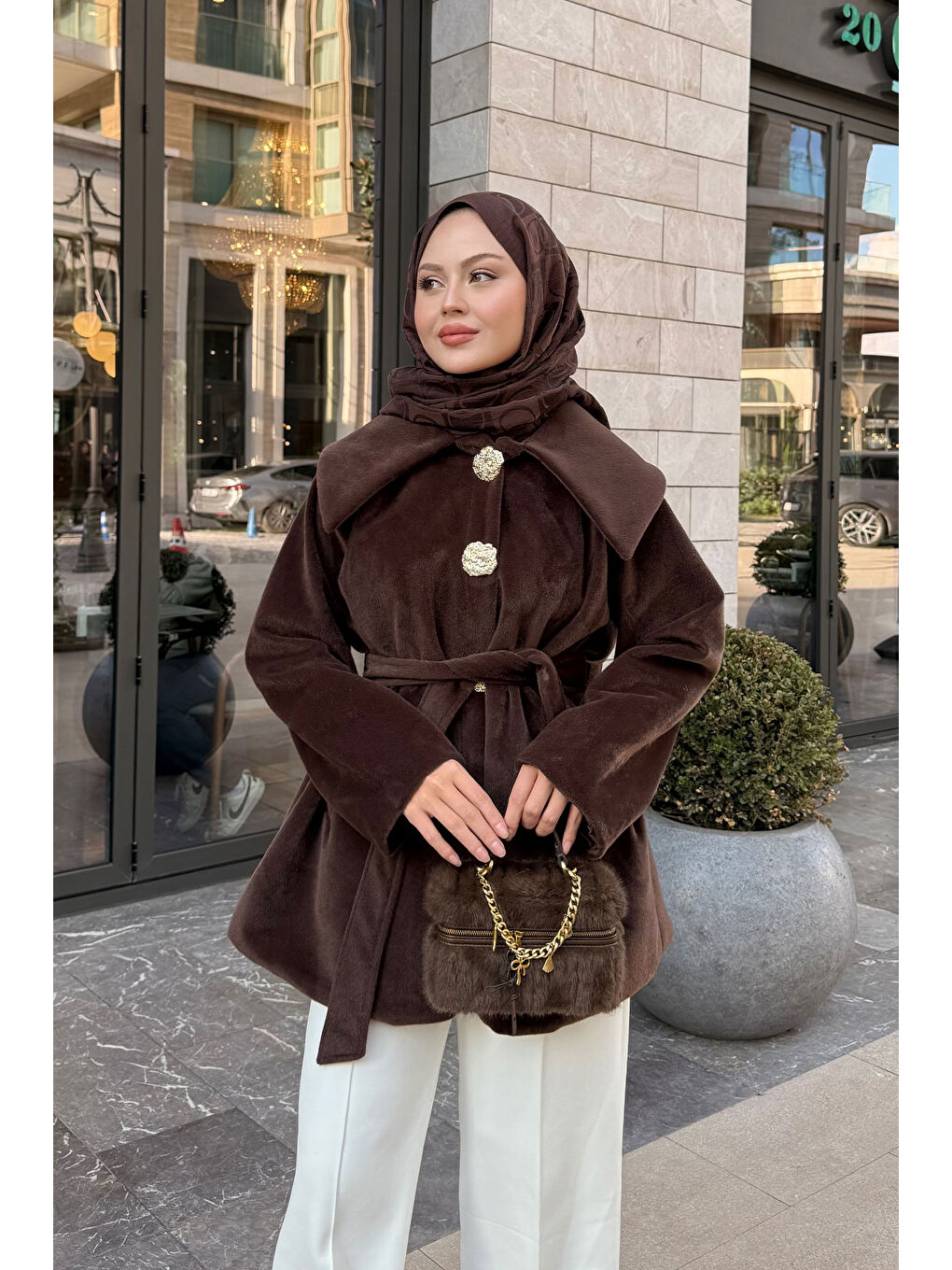 Kadın Kruvaze Yaka Pelüş Ceket Kahverengi-2