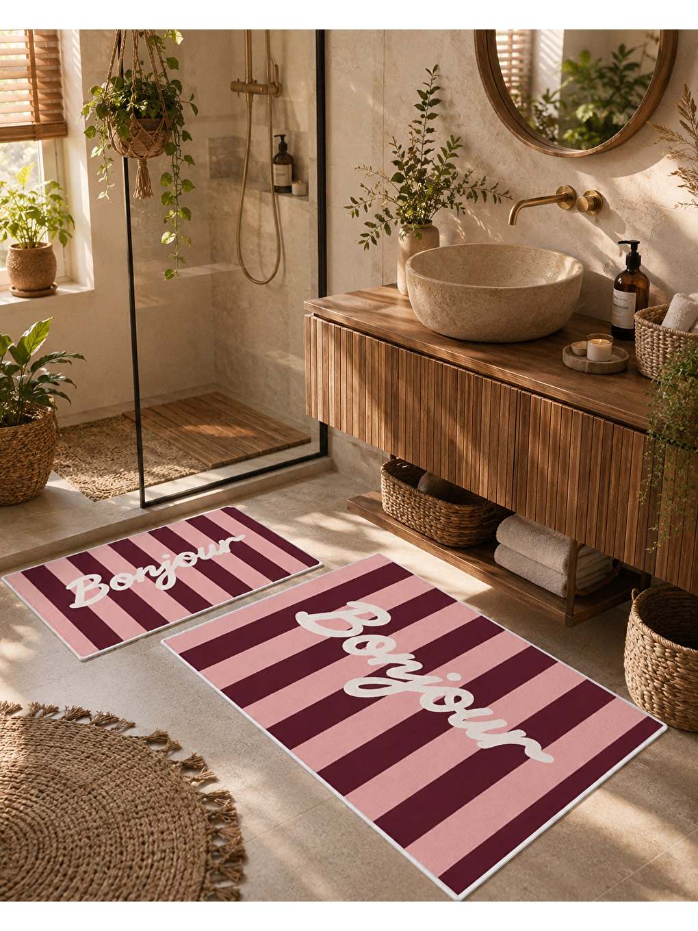 Bordo Çizgili Bonjour Yazılı Banyo Paspası Dot Taban Üstü Kadife-5