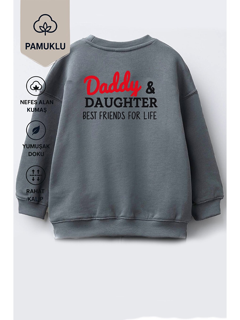 Antrasit Unisex Çocuk Sırt Baskılı 3 İplik Kumaş Pamuklu Sweatshirt-1