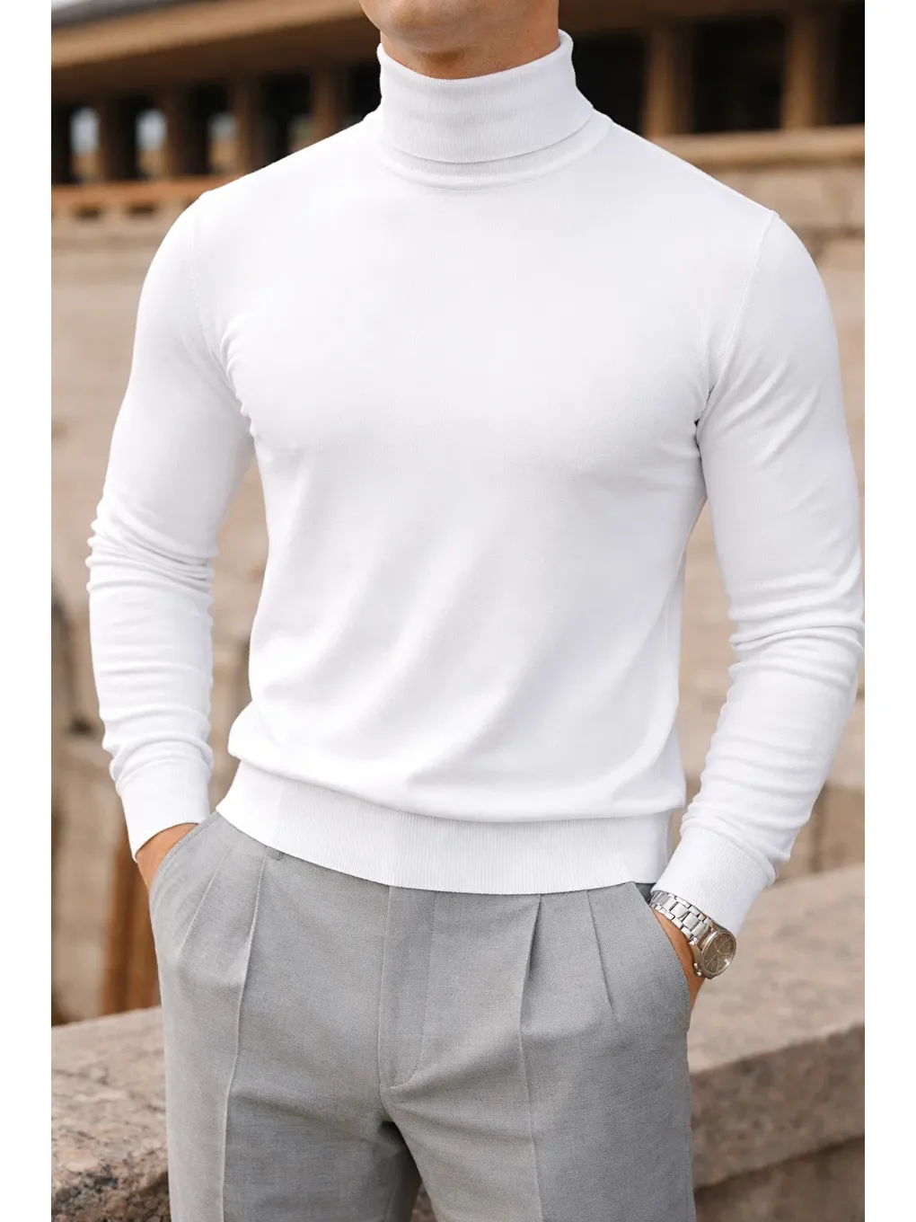 Erkek Trend Kışlık Boğazlı Beyaz Triko Kazak-1