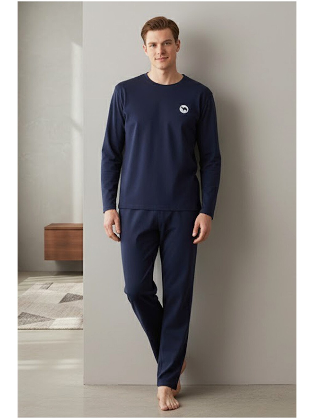Lacivert Deve Baskılı Uzun Kollu Örme Pijama Takım-1