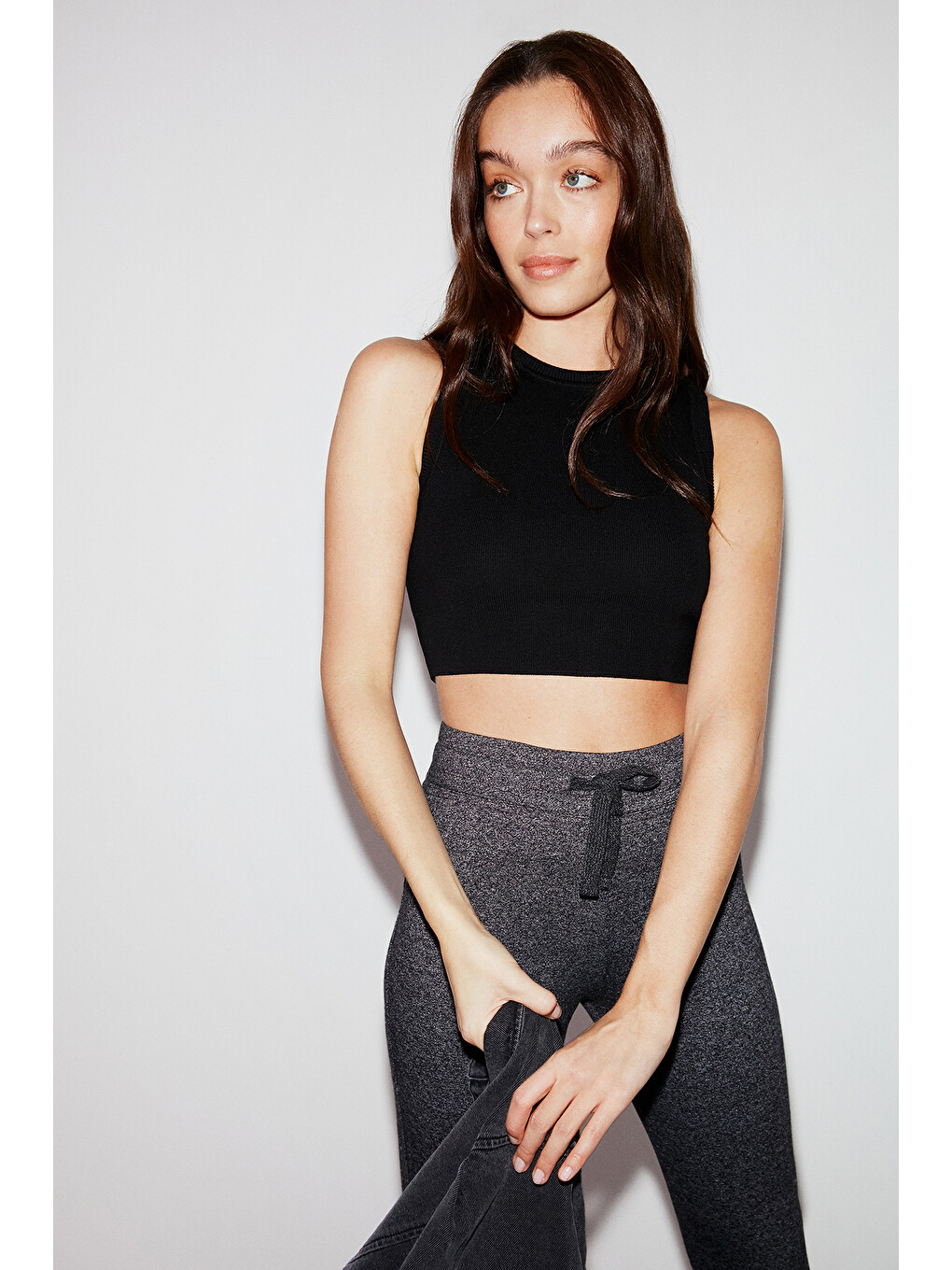 Judy Kadın Slim Fit Beli Lastikli Bağlamalı Basic Antrasit Tayt-3