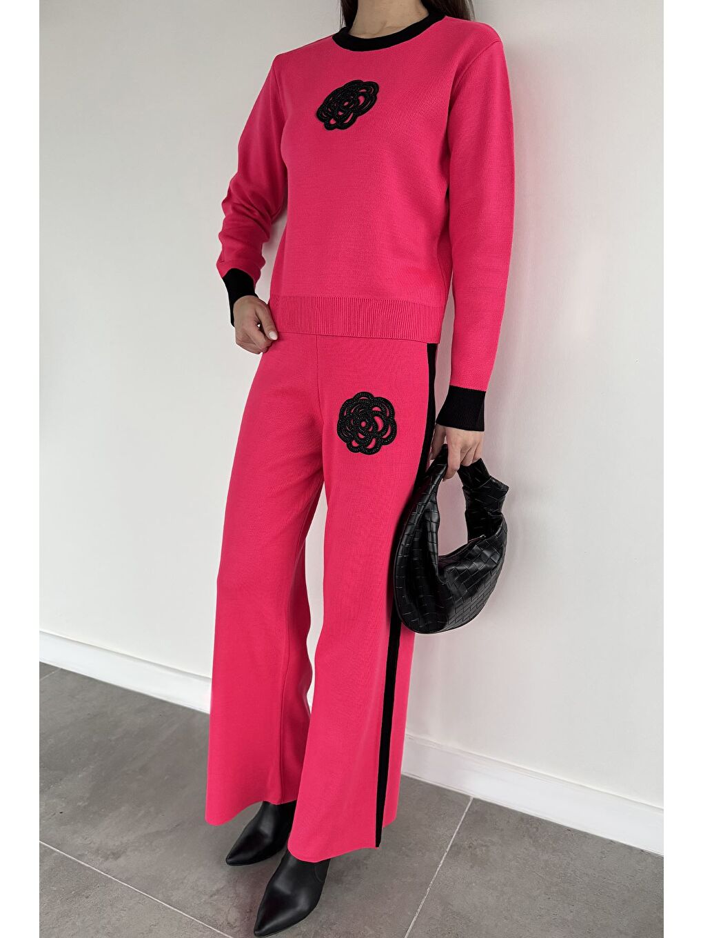 Fuşya Kadın Taş İşlemeli Kazak Pantolon Triko İkili Takım-1