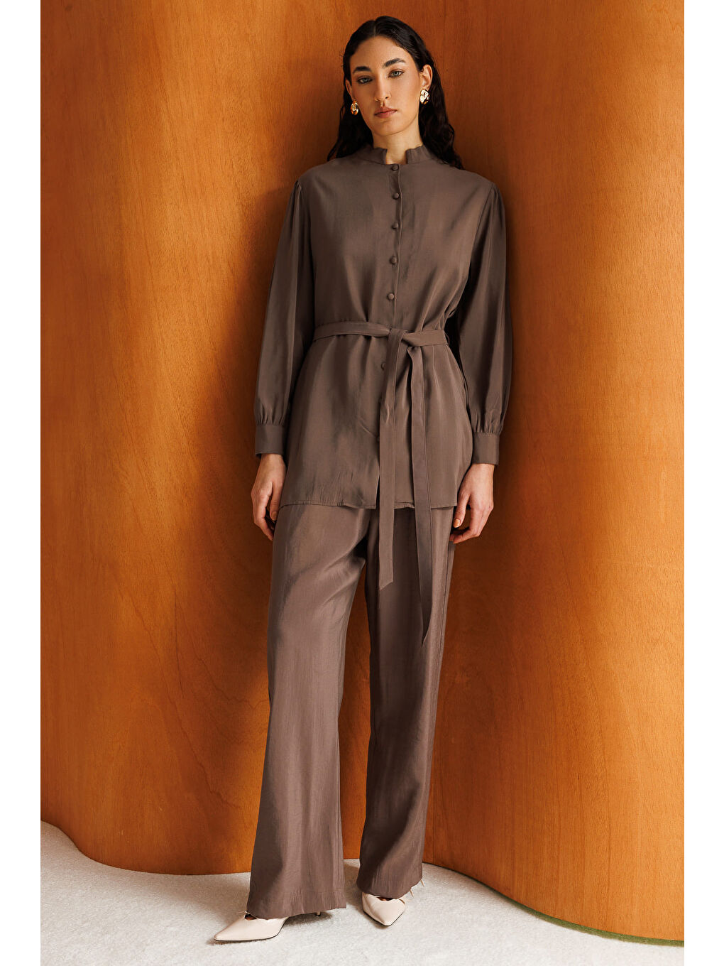 Hakim Yaka Modal Dokulu Kahverengi Tunik-3