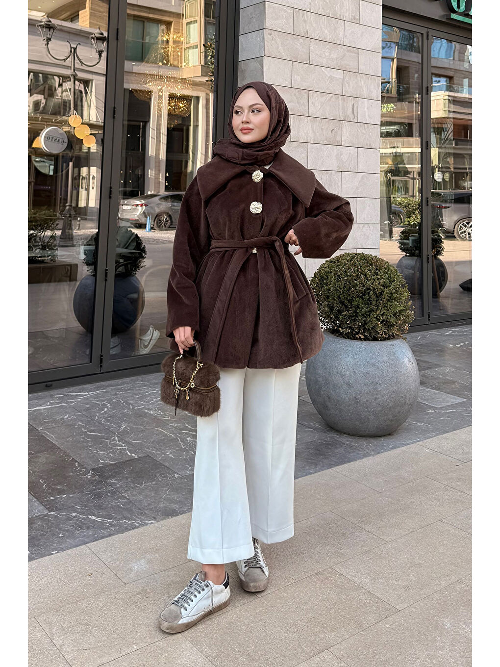 Kadın Kruvaze Yaka Pelüş Ceket Kahverengi-3