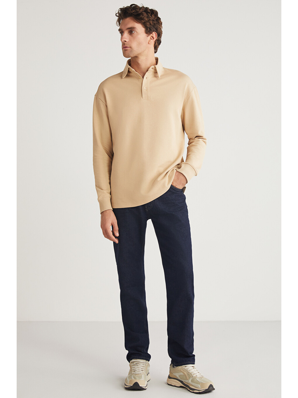 John Erkek Polo Sweat Gömlek Yakalı Organik Pamuklu Yırtmaçlı İçi Polarsız Bej Sweatshirt-2