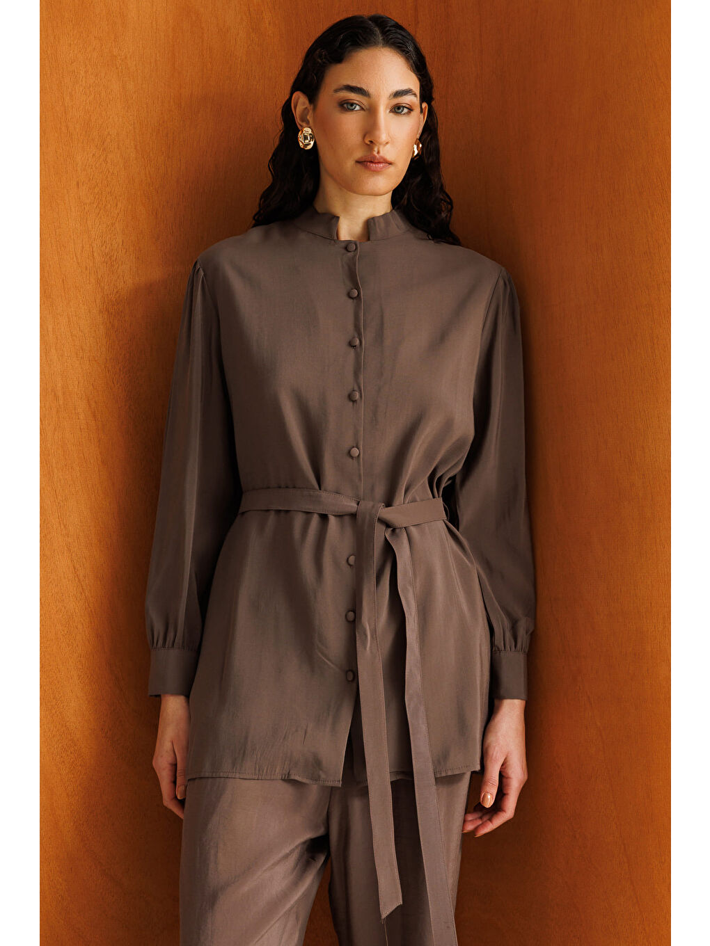 Hakim Yaka Modal Dokulu Kahverengi Tunik-4