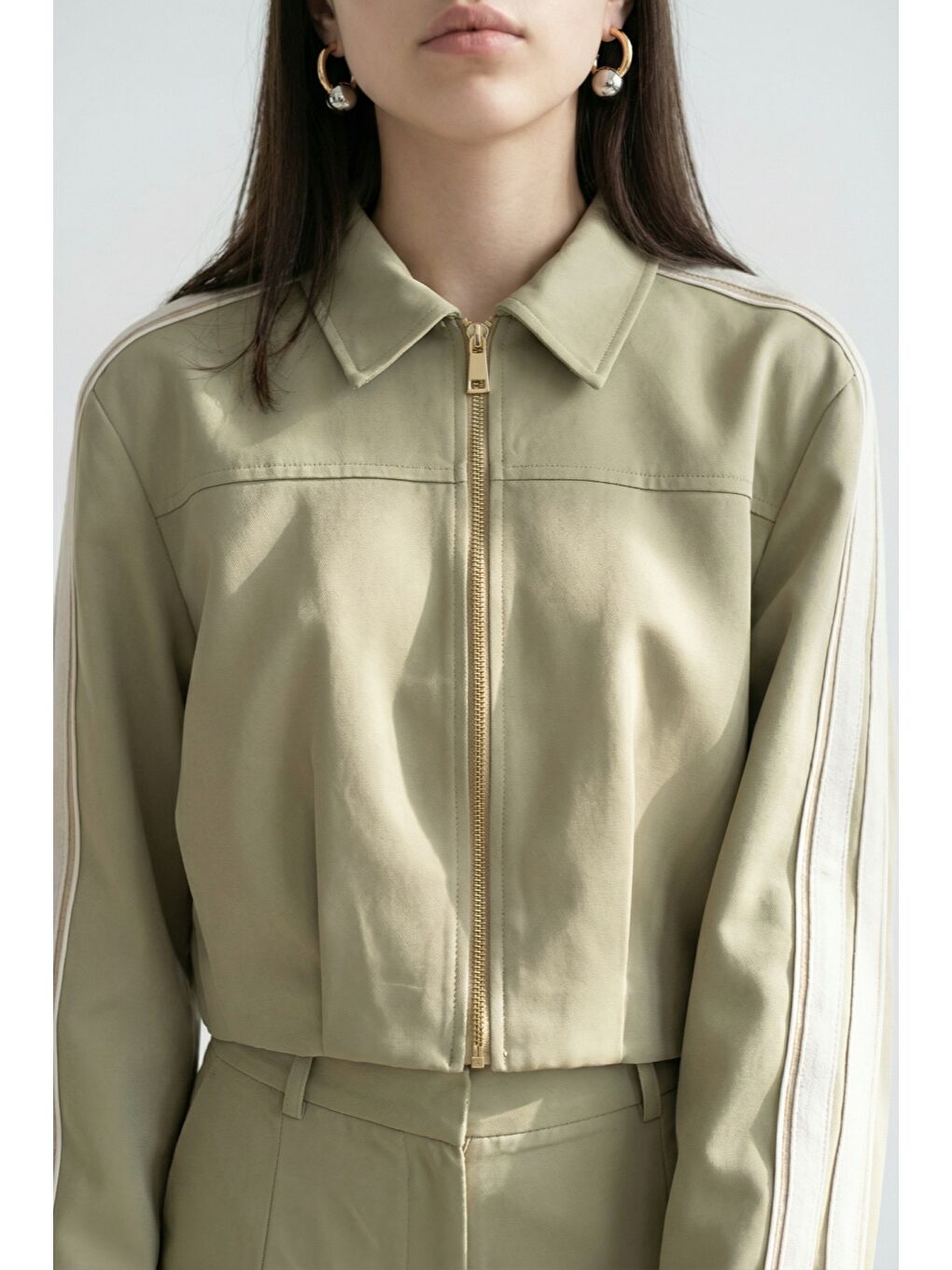 Ön Pileli Şeritli Crop Ceket Haki-1