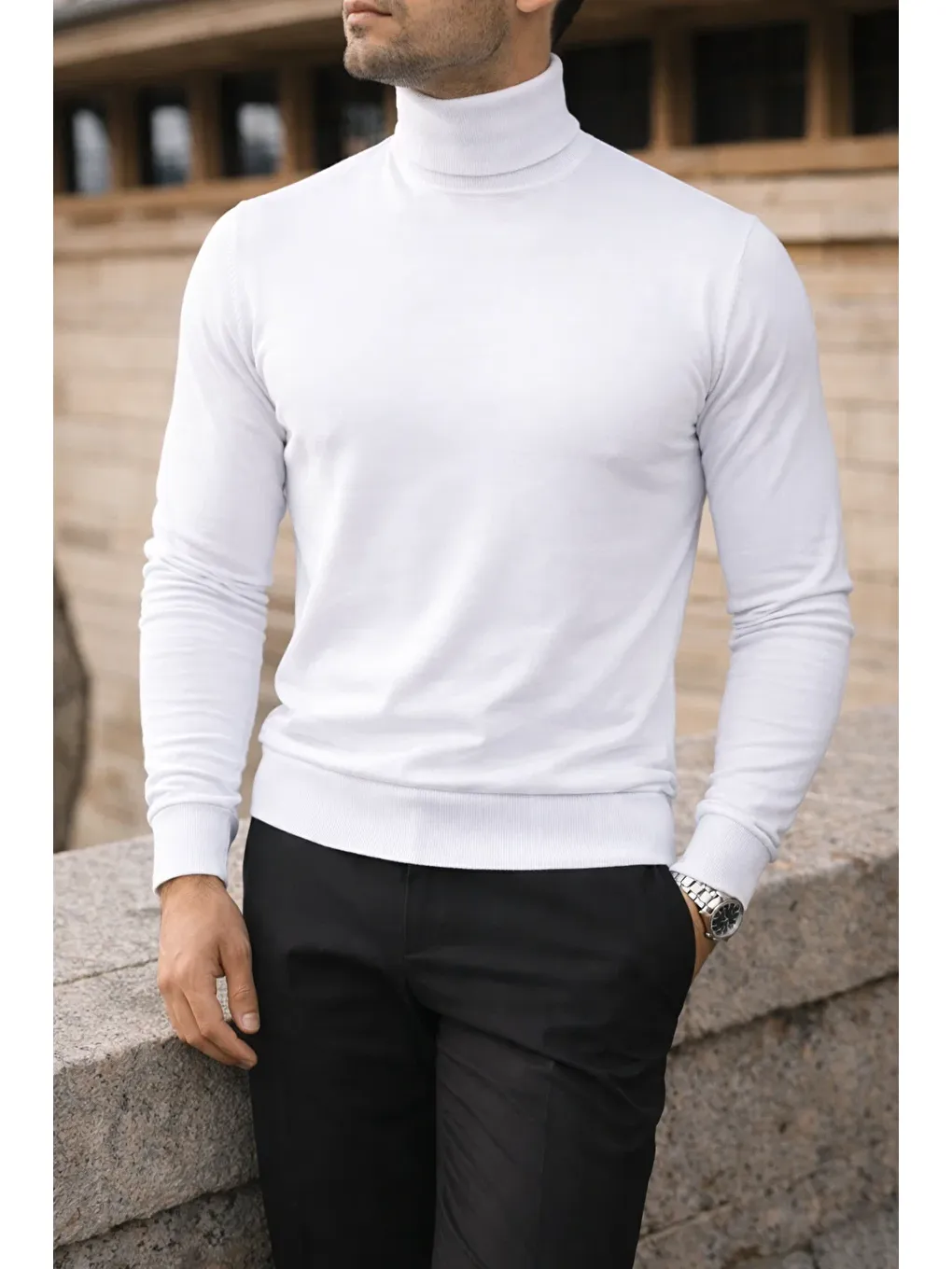 Erkek Trend Kışlık Boğazlı Beyaz Triko Kazak-2