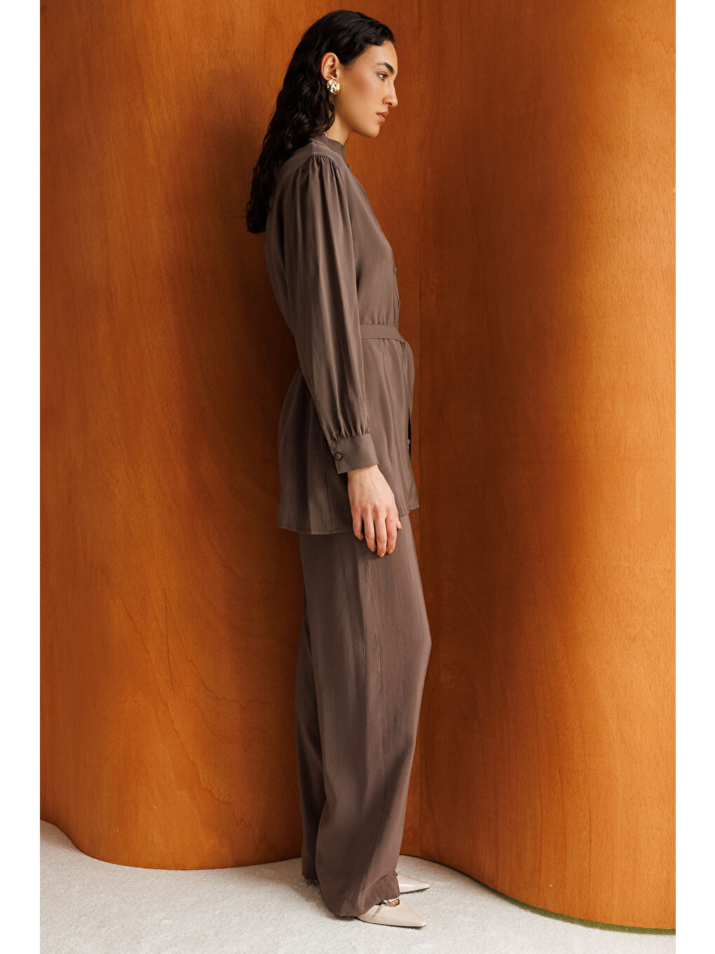 Hakim Yaka Modal Dokulu Kahverengi Tunik-5