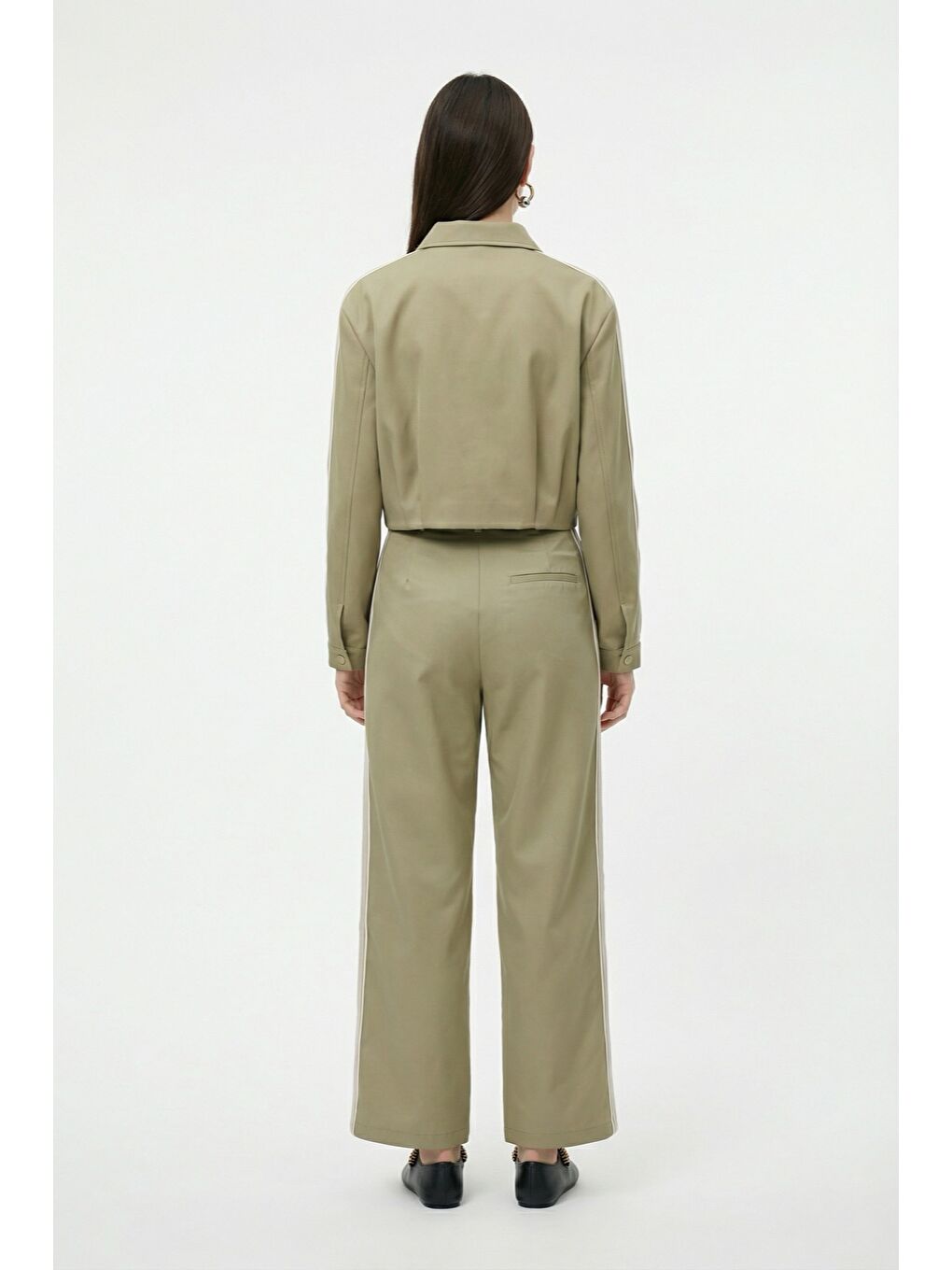 Ön Pileli Şeritli Crop Ceket Haki-2