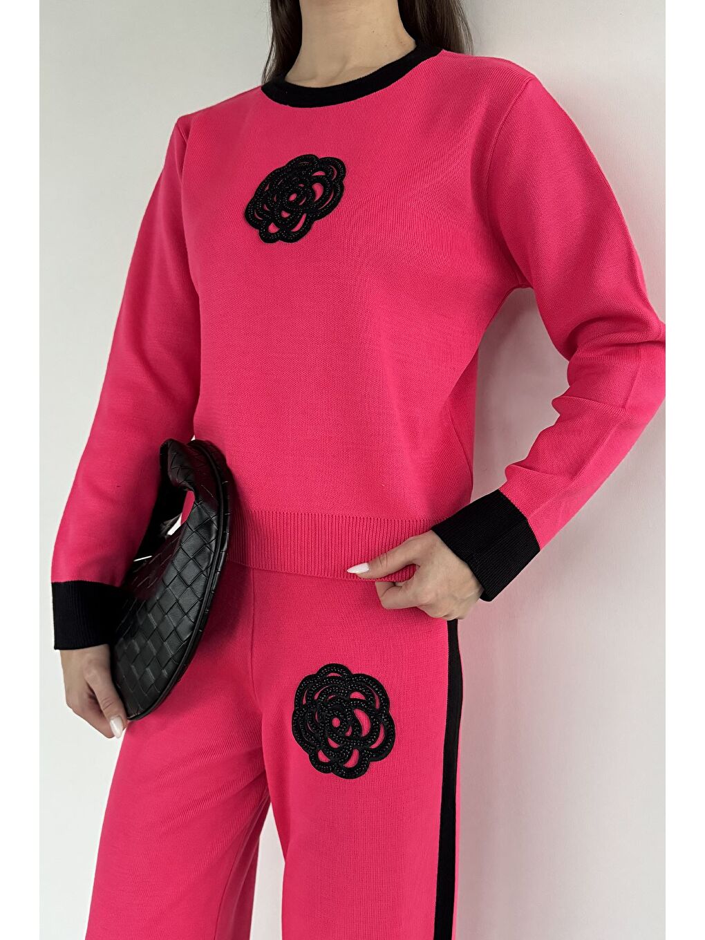 Fuşya Kadın Taş İşlemeli Kazak Pantolon Triko İkili Takım-2