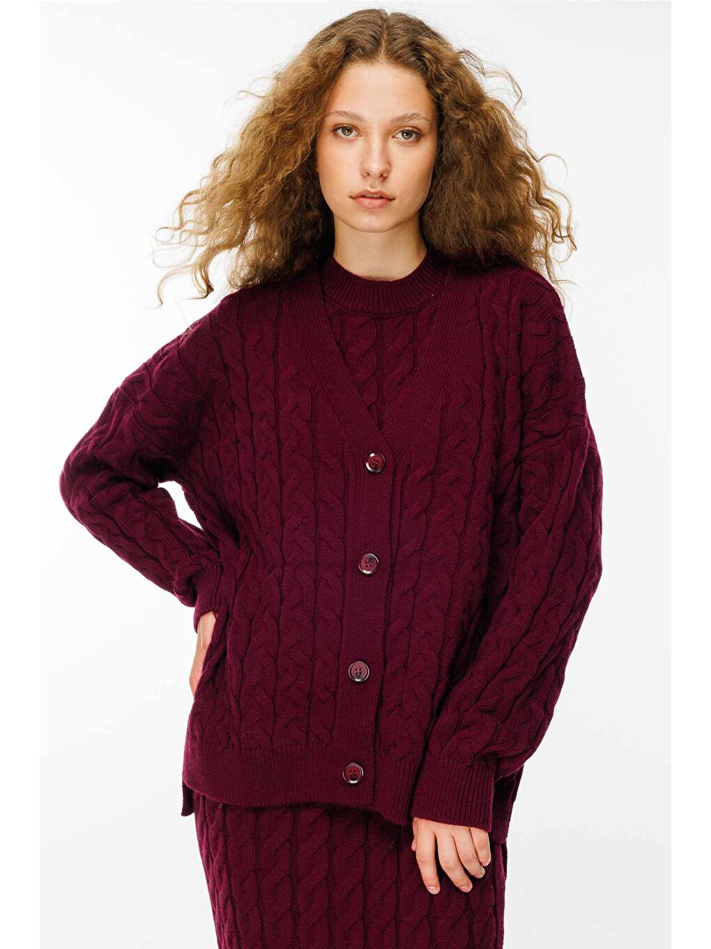 Saç Örgü Triko Bordo Elbise Hırka Takım-1