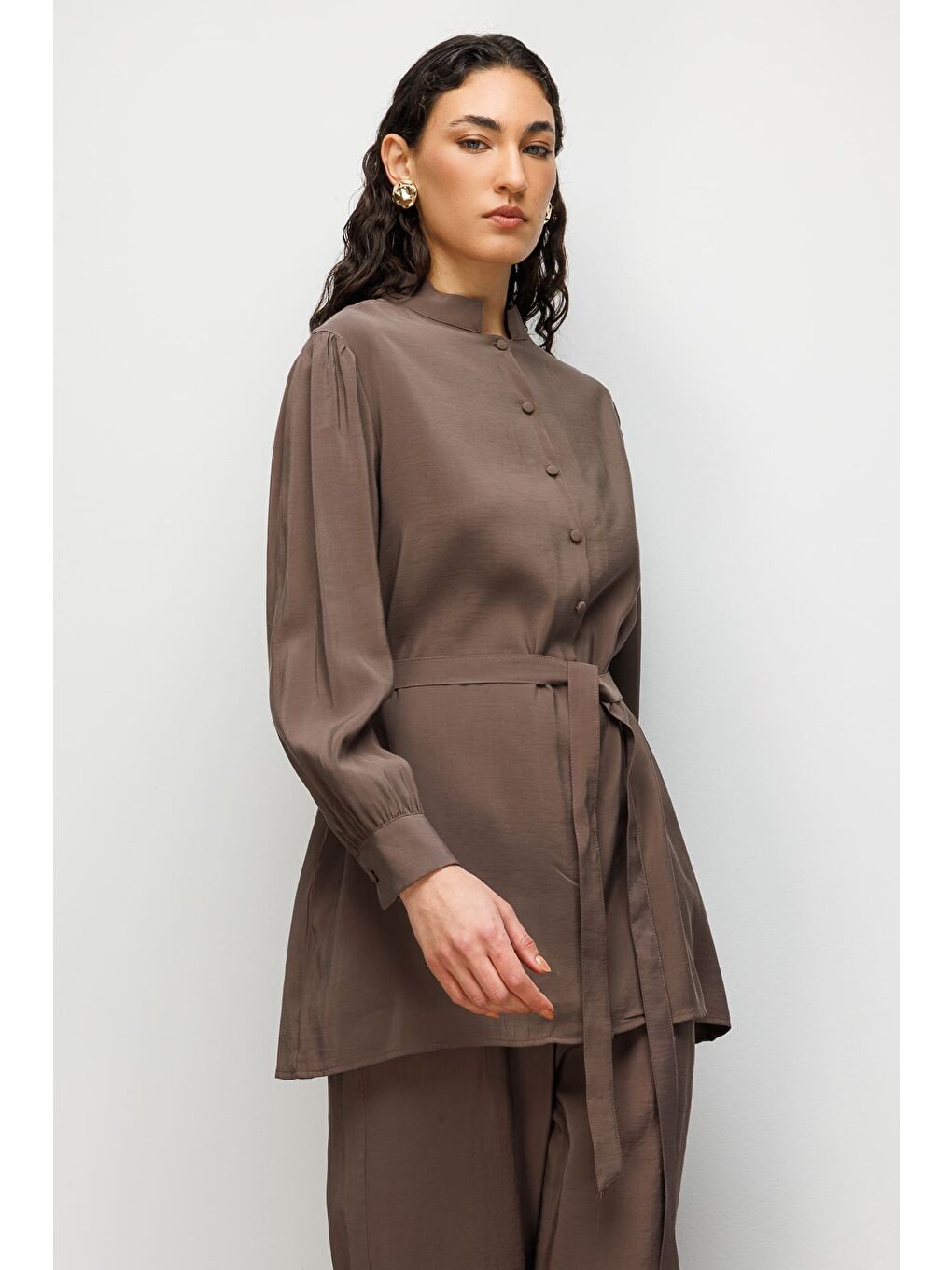 Hakim Yaka Modal Dokulu Kahverengi Tunik-6
