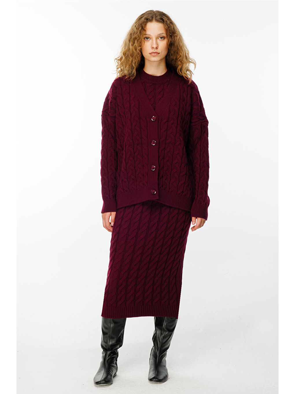 Saç Örgü Triko Bordo Elbise Hırka Takım-2