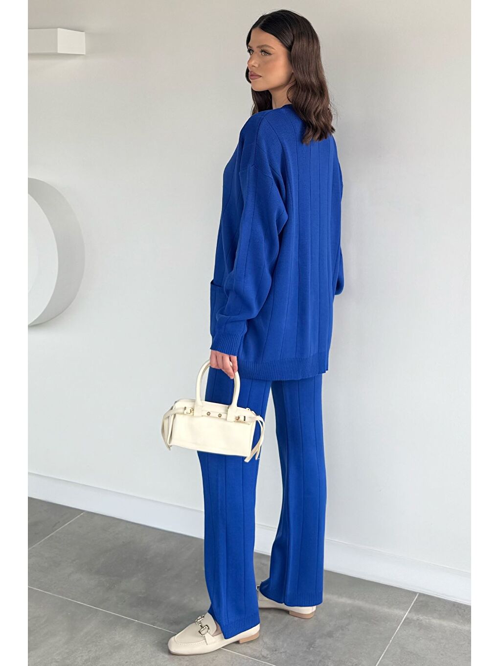 Mavi Kadın Ön Düğmeli Kendinden Çizgi Desenli Triko Hırka Pantolon İkili Takım-3