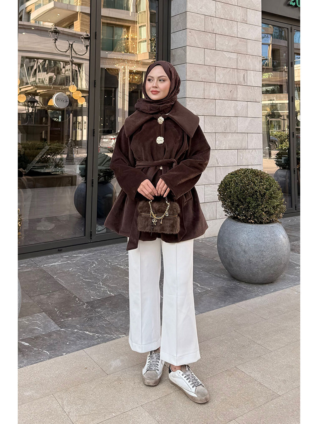 Kadın Kruvaze Yaka Pelüş Ceket Kahverengi-4